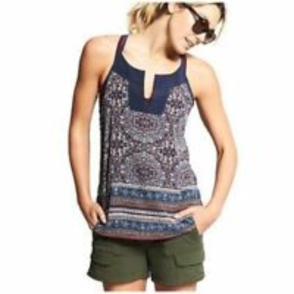 Athleta Navy Blue Medallion Print Tassel Tie Back Split V-Neck Tank Top Womens